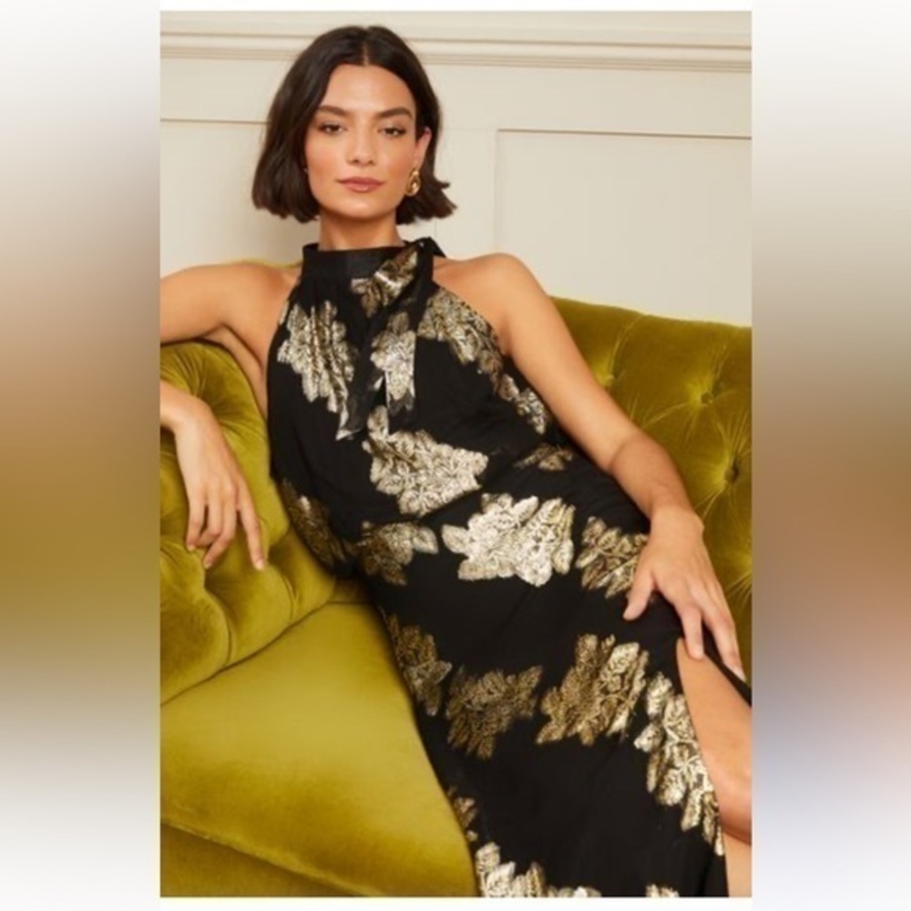 Roman Gold Floral Foil Print Maxi Dress